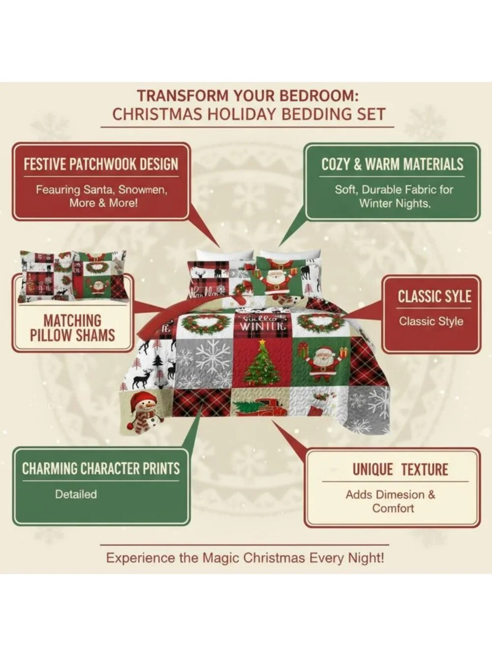 Festive Christmas Patchwork Quilt Set King - Santa Snowman Tree Bedding, Soft